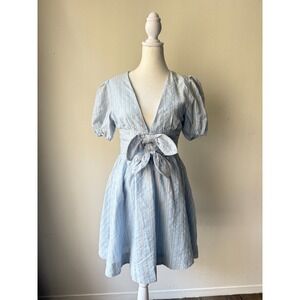 Bright The Label Blue Striped Puff‎ Sleeve Deep V Neck Bow Front Mini Dress Sz S